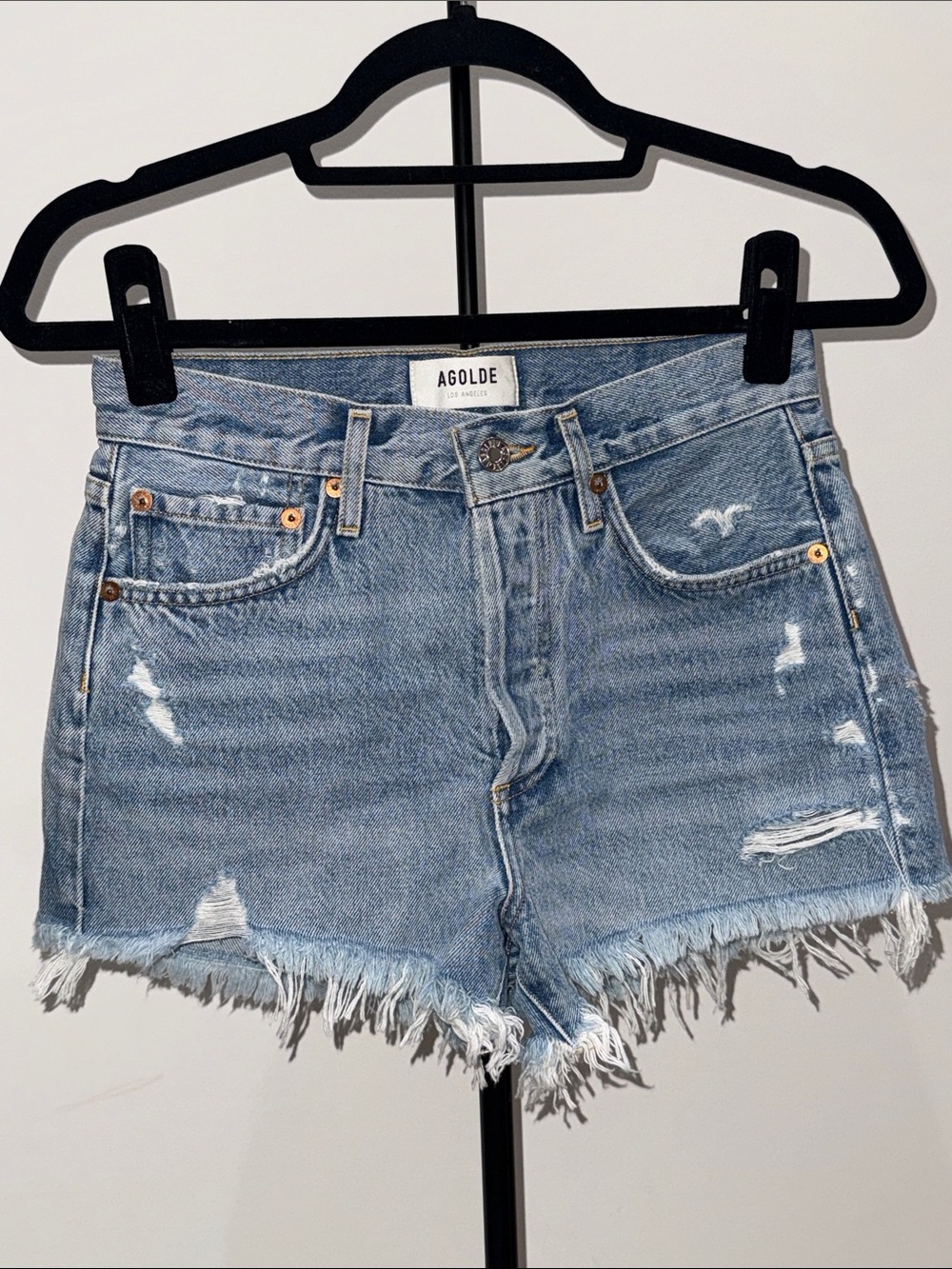 Agolde Light Blue Frayed Hem Denim Shorts